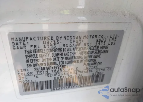 2015 Nissan Sentra Sv z USA, uszkodzony, nr VIN 3N1AB7APXFY263813